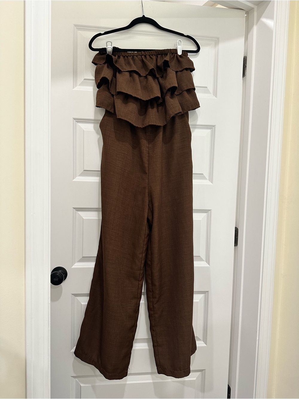 SHEIN Brown Ruffle Strapless Wide-Leg Jumpsuit